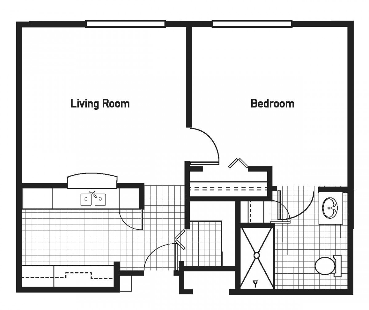A simple floor plan of an apartment with a living room, bedroom, kitchen, and bathroom.