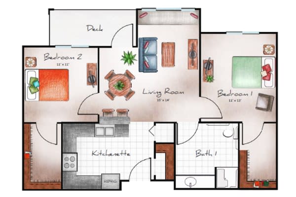 A two-bedroom apartment floor plan with a kitchen, living room, bathroom, and patio.