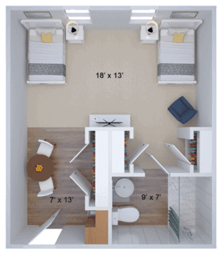 A floor plan layout of a dorm room with two beds, showing the placement of furniture and room dimensions.