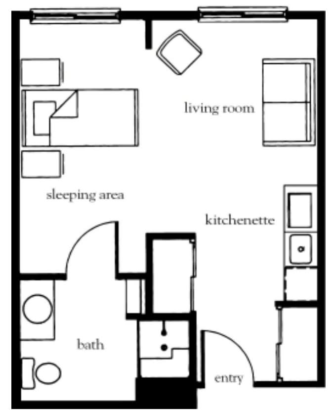 A simple floor plan of a studio apartment showing a living room, sleeping area, kitchenette, and bathroom.