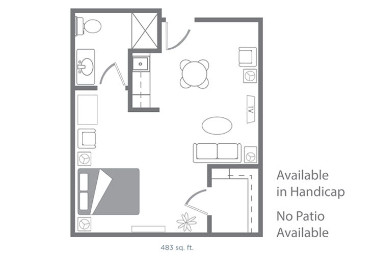 A floor plan of a studio apartment featuring a bathroom, kitchen, and living area.