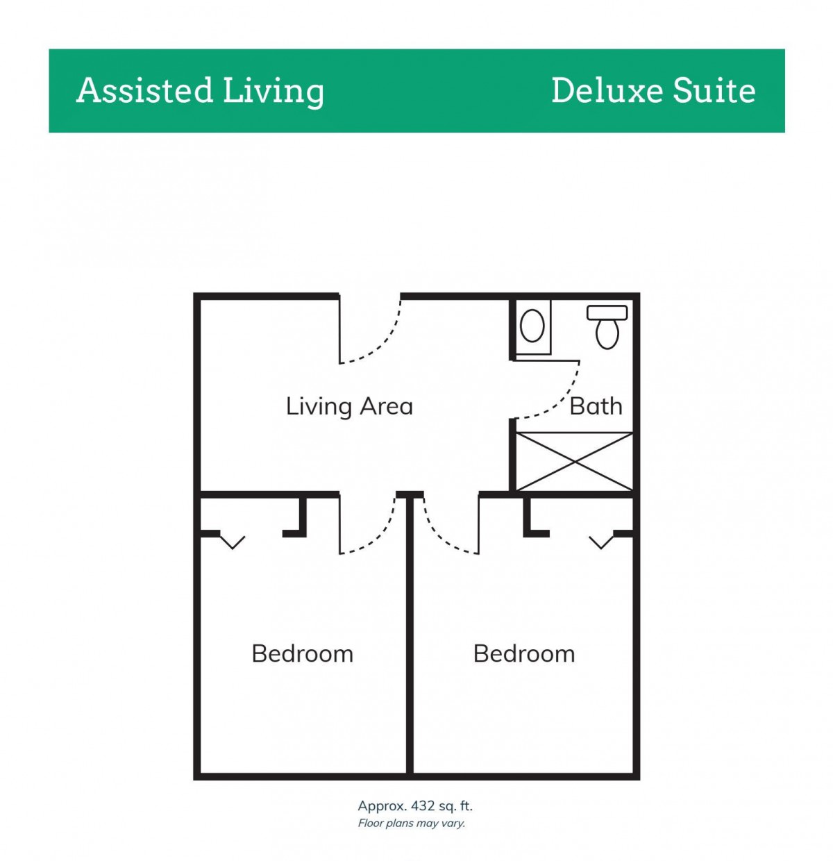 Floor plan of an assisted living deluxe suite with two bedrooms, a living area, and a bathroom.