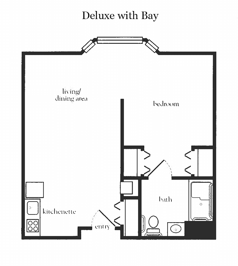 Floor plan of a 'Deluxe with Bay' apartment, featuring a kitchen, living/dining area, bedroom, and bath.