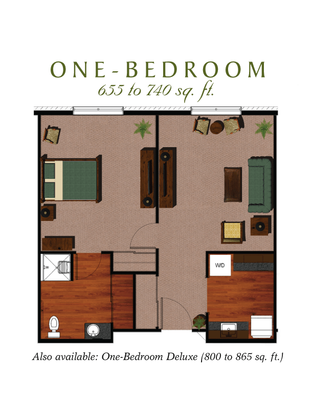 One-bedroom apartment floor plan ranging from 600 to 900 sq. ft.