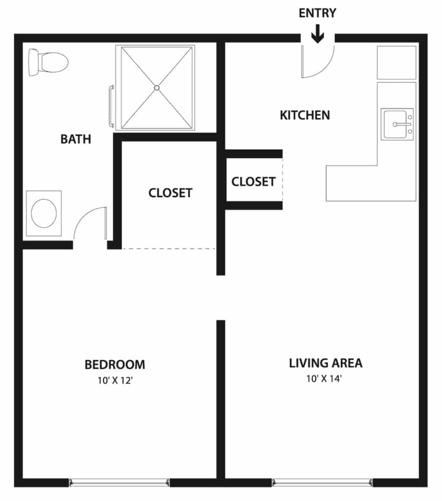 A floor plan of a one-bedroom apartment featuring a kitchen, bathroom, living area, and closets.