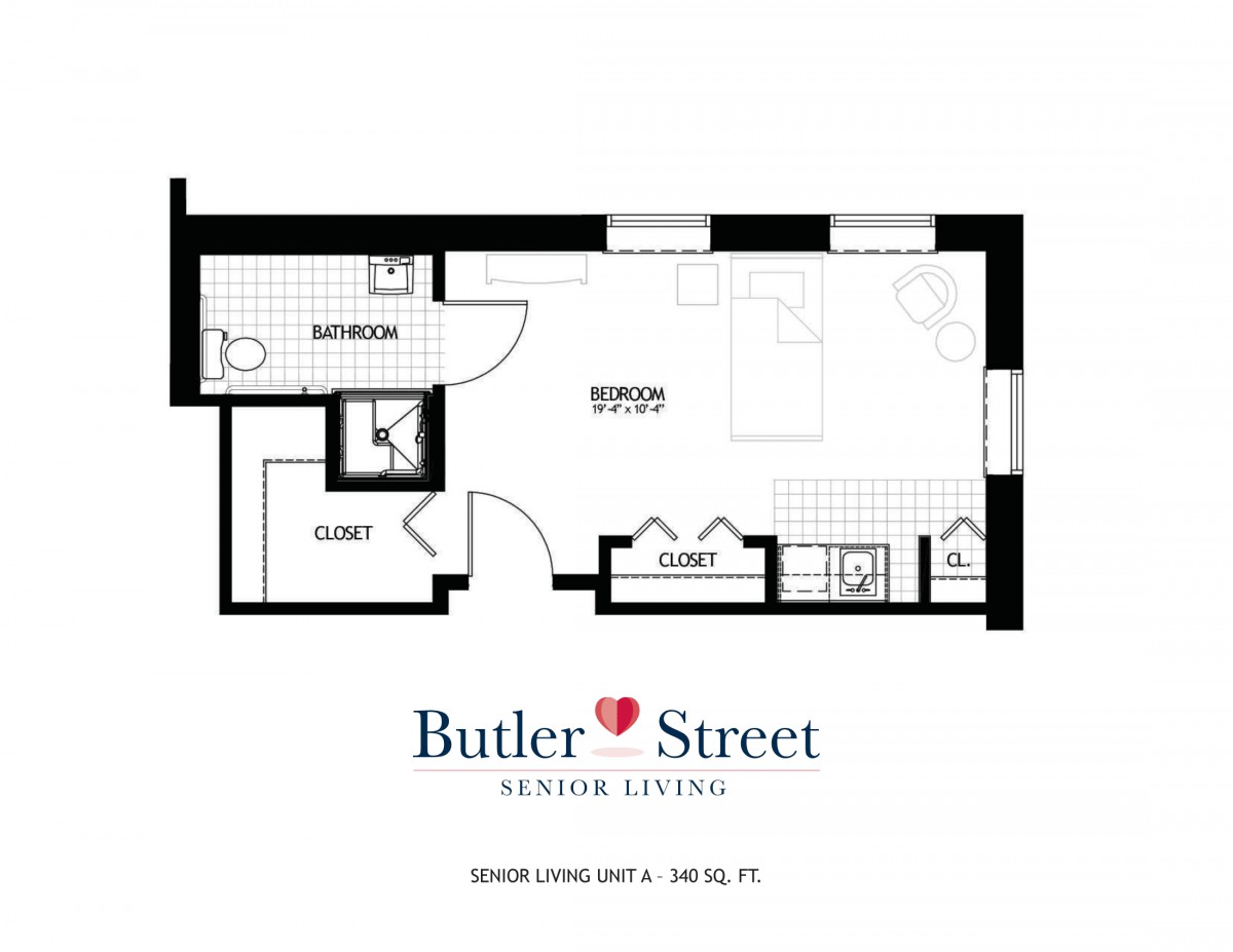 Studio apartment floor plan with labeled rooms.