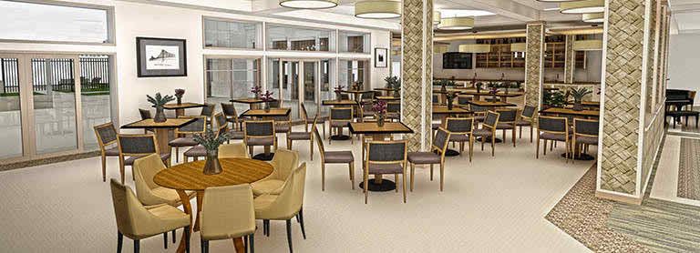 A modern cafe interior featuring several tables and chairs arranged neatly.