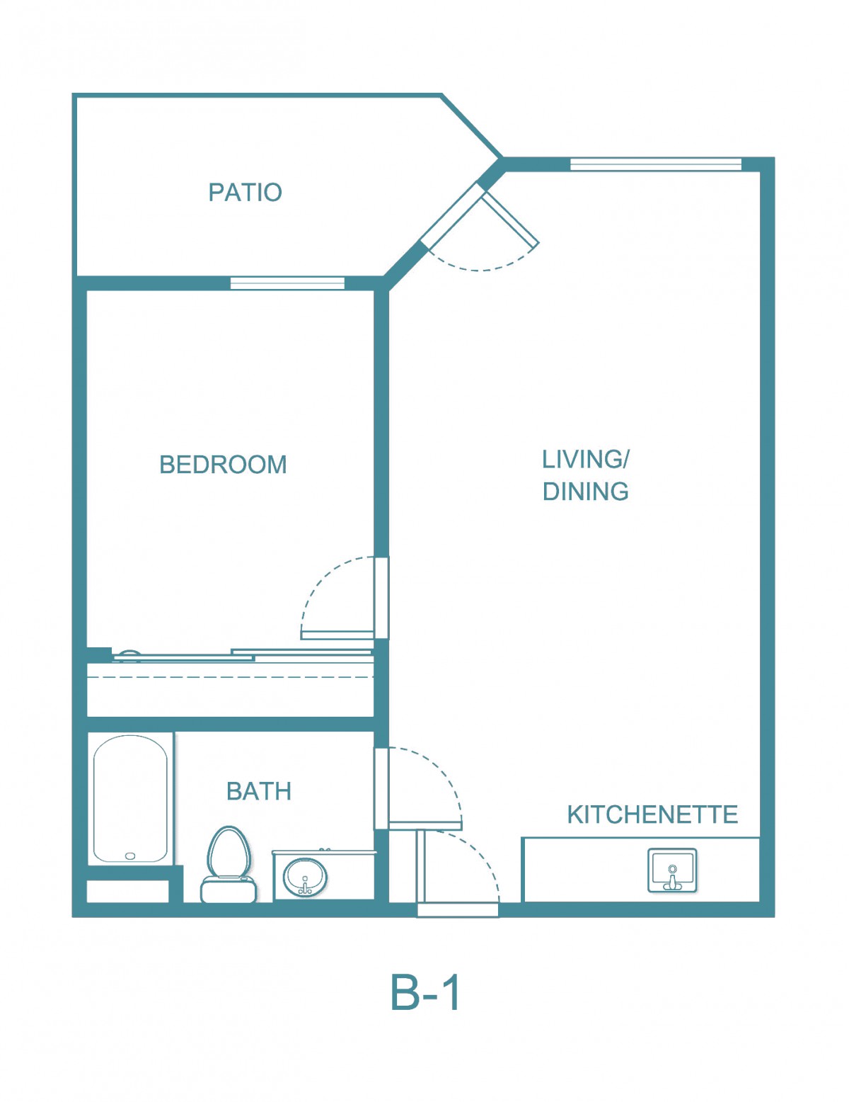 A simplified floor plan of an apartment with a patio, living/dining area, bathroom, and kitchenette.