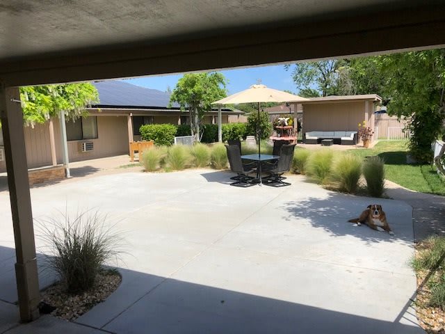 A sunny outdoor patio area with furniture, a sunshade, and surrounding garden landscaping.