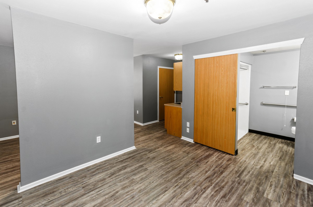 A modern, empty room with gray walls and wood flooring, featuring an open door and ceiling light.