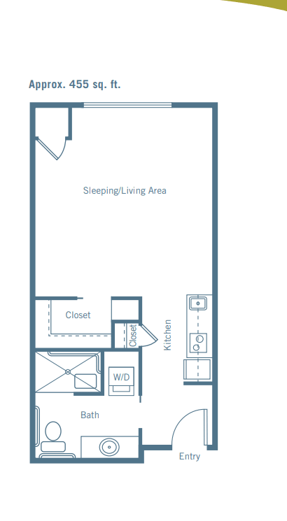 A floor plan of a studio apartment displaying the sleeping/living area, kitchen, closet, and bathroom.