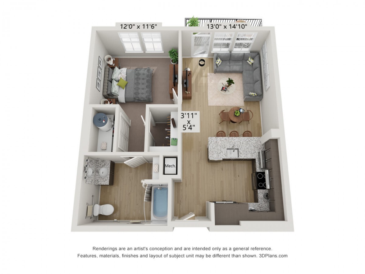 A 3D floor plan of a one-bedroom apartment featuring a living room, kitchen, bathroom, and bedroom.