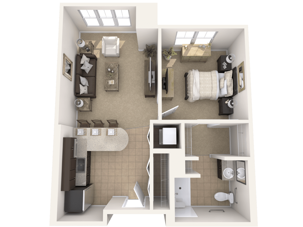 A 3D floor plan of a one-bedroom apartment with an open living area and kitchen.