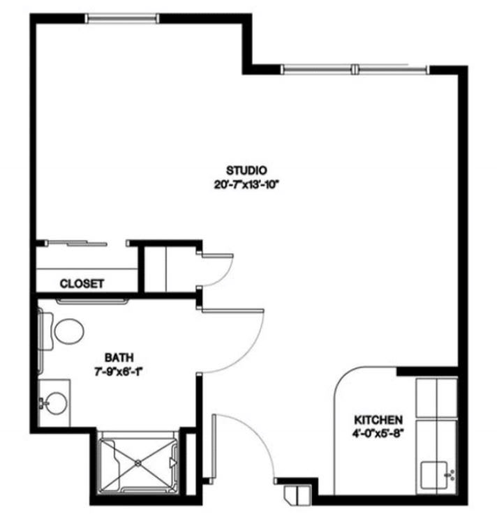 A floor plan of a studio apartment with designated areas for living, kitchen, bathroom, and closet.