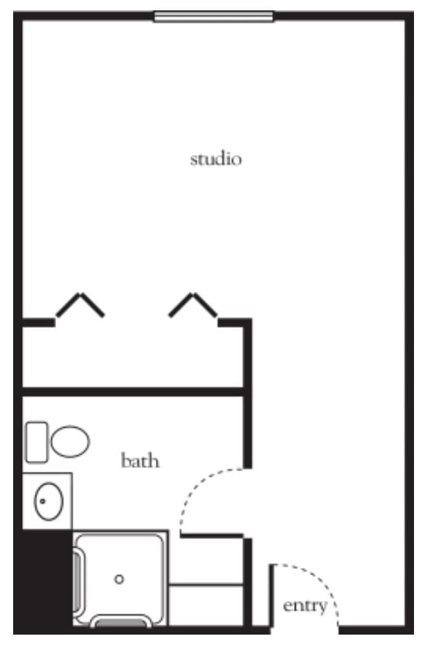 A simple floor plan of a studio apartment with a bathroom.