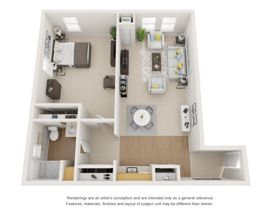 A detailed floor plan of a one-bedroom apartment featuring an open kitchen, dining area, living room, and bathroom.