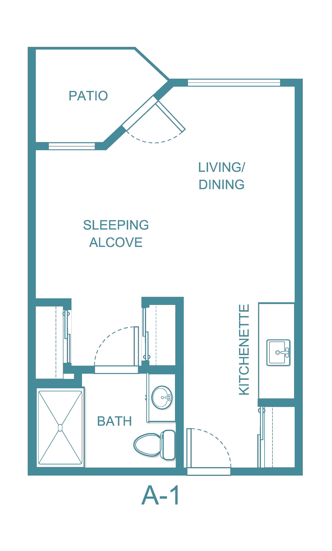 Studio apartment floor plan with a sleeping alcove, living/dining area, kitchenette, and bathroom.