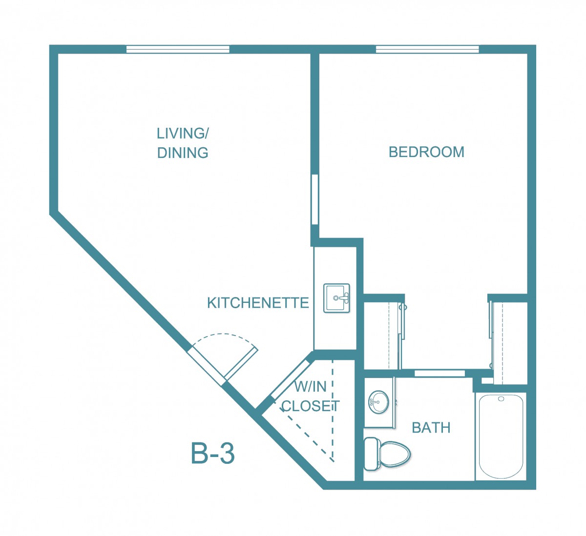 Blueprint of a one-bedroom apartment with living area, kitchenette, and bathroom.