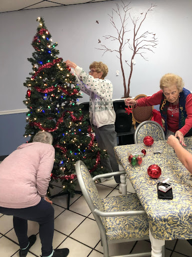 Seniors gather to decorate a Christmas tree, spreading holiday cheer in their community.
