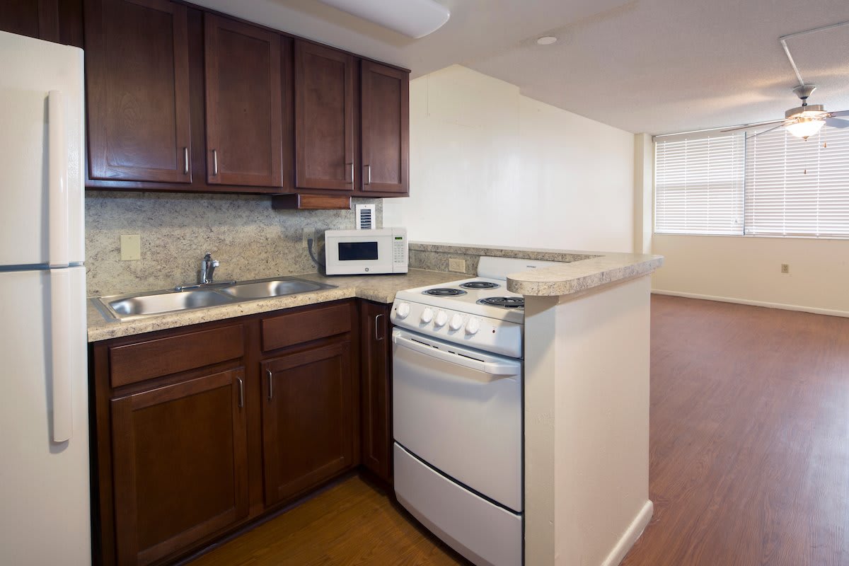 A compact kitchen area in an apartment featuring wooden cabinets, a stove, microwave, and sink.