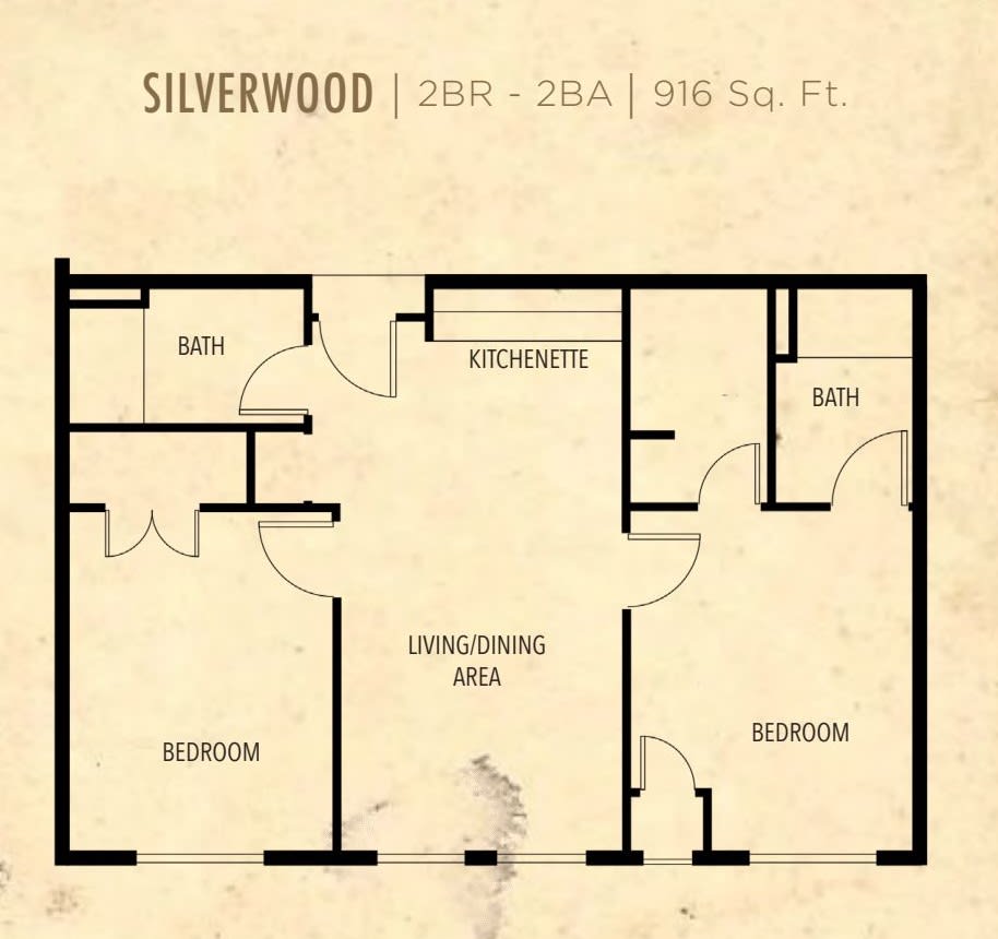 Floor plan of a residential space named Silverwood, featuring a two-bedroom layout with a kitchen, living area, and bath.
