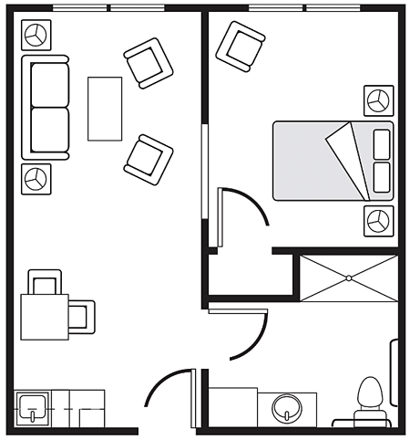 A simple floor plan featuring a living room and bedroom layout.