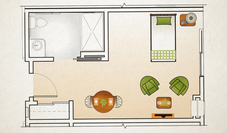 A simple floor plan showing the layout of a living space with bedroom and seating area.