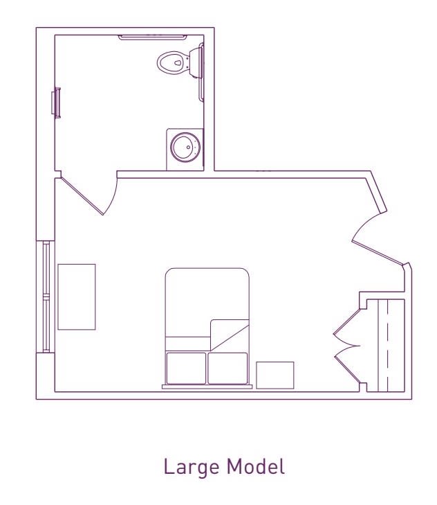 Studio apartment floor plan with bathroom and living area layout.
