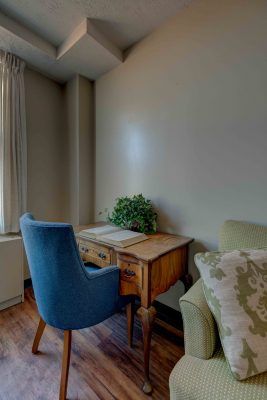 A cozy workspace with a wooden desk, blue chair, and decorative plant.