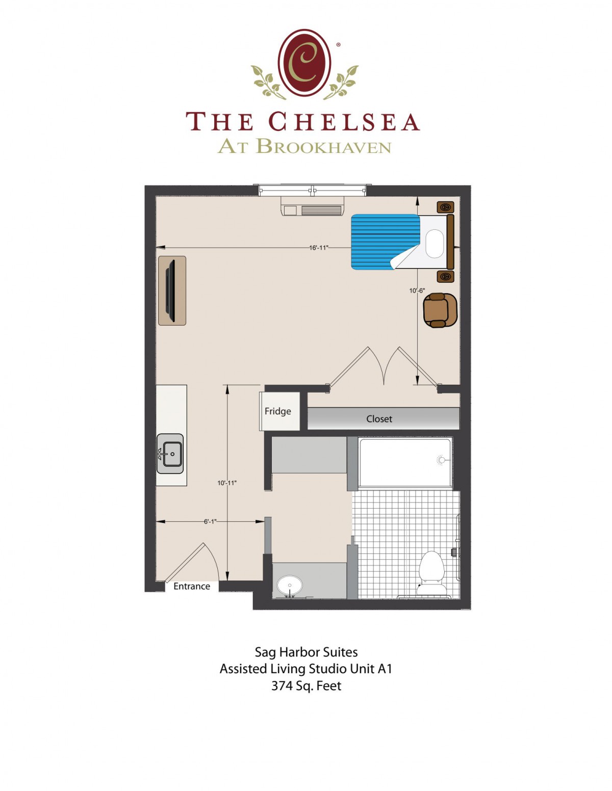 Floor plan of The Chelsea Studio apartment.