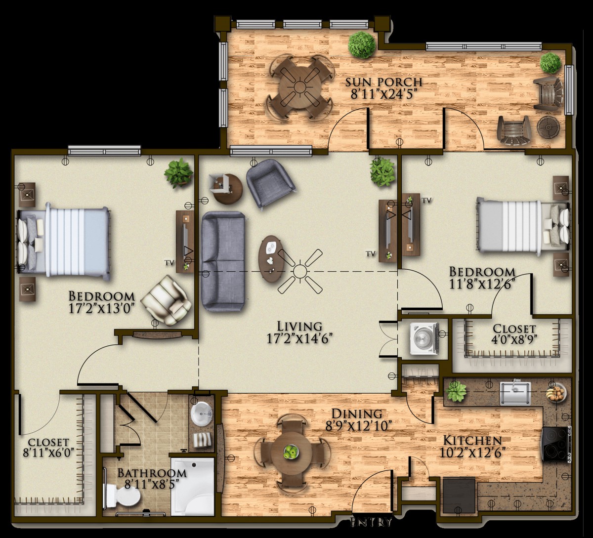 This image shows a floor plan of a two-bedroom apartment with a living room, kitchen, dining area, and bathroom.