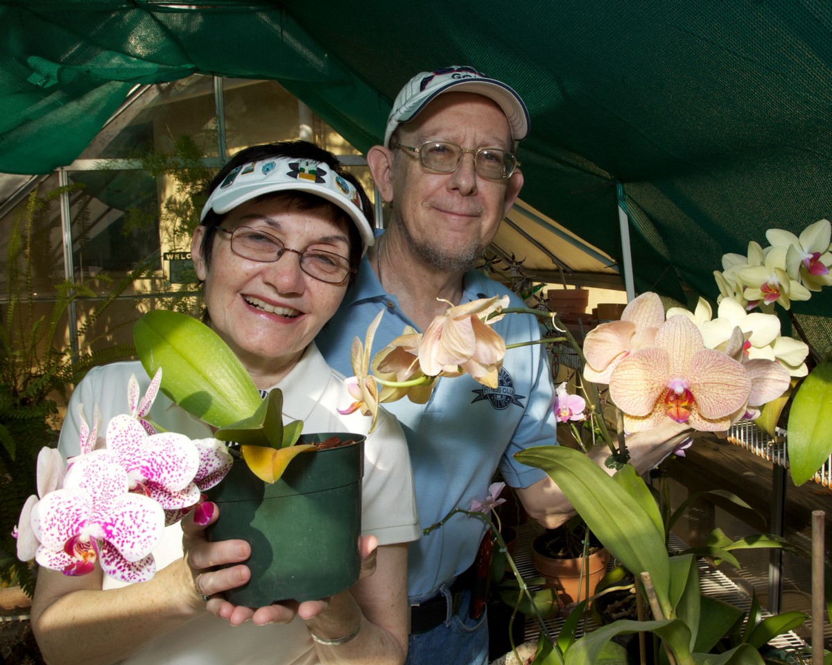 A smiling couple holding orchids in an indoor garden setting.