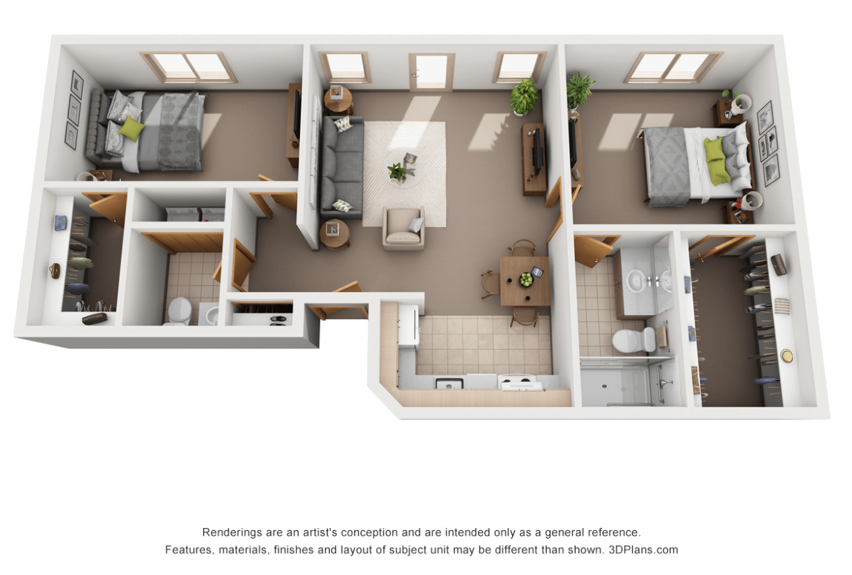A 3D floor plan of an apartment featuring two bedrooms, a living room, kitchen, and bathroom.