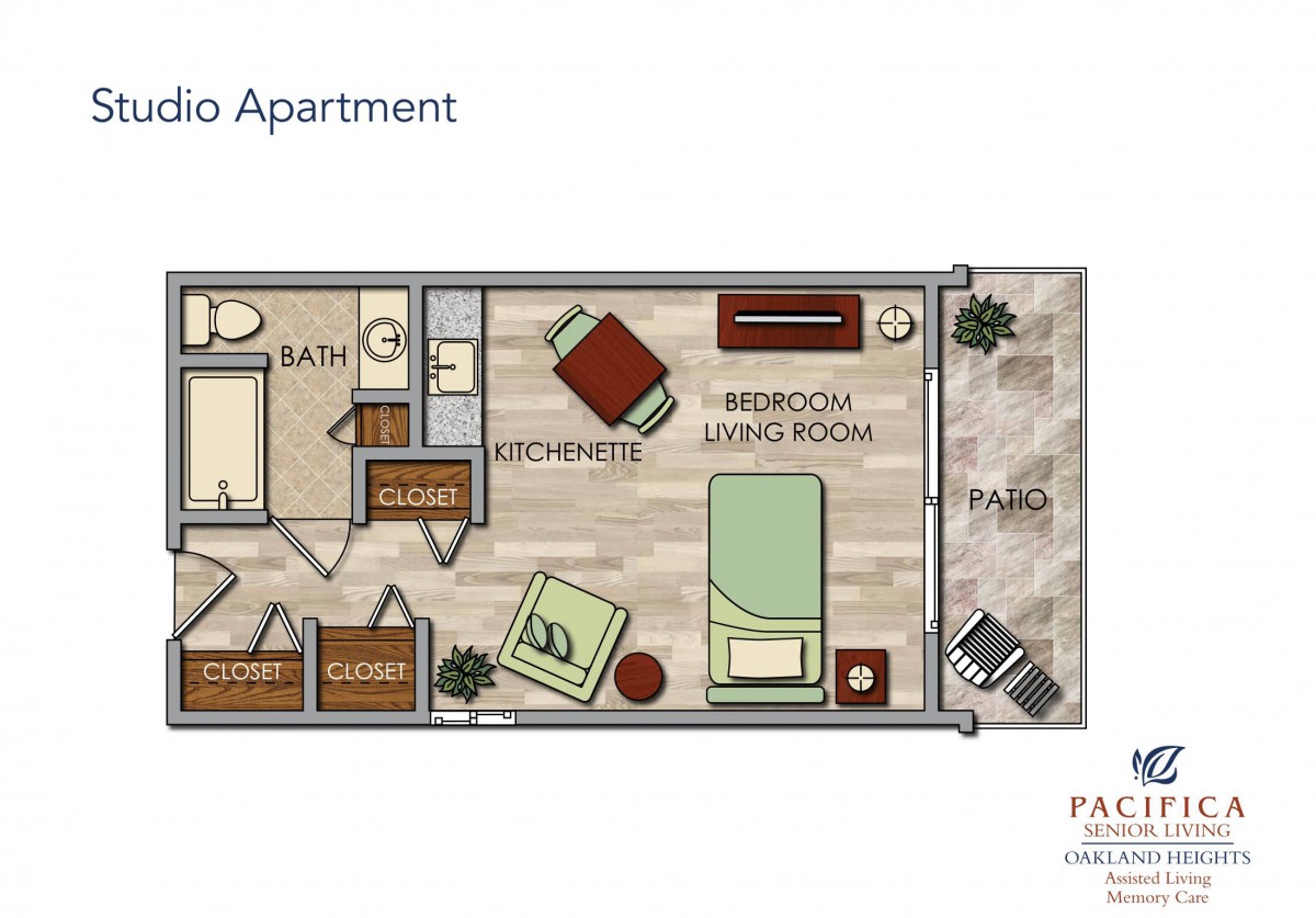 Floor plan of a studio apartment with designated areas for kitchen, bathroom, and living space.