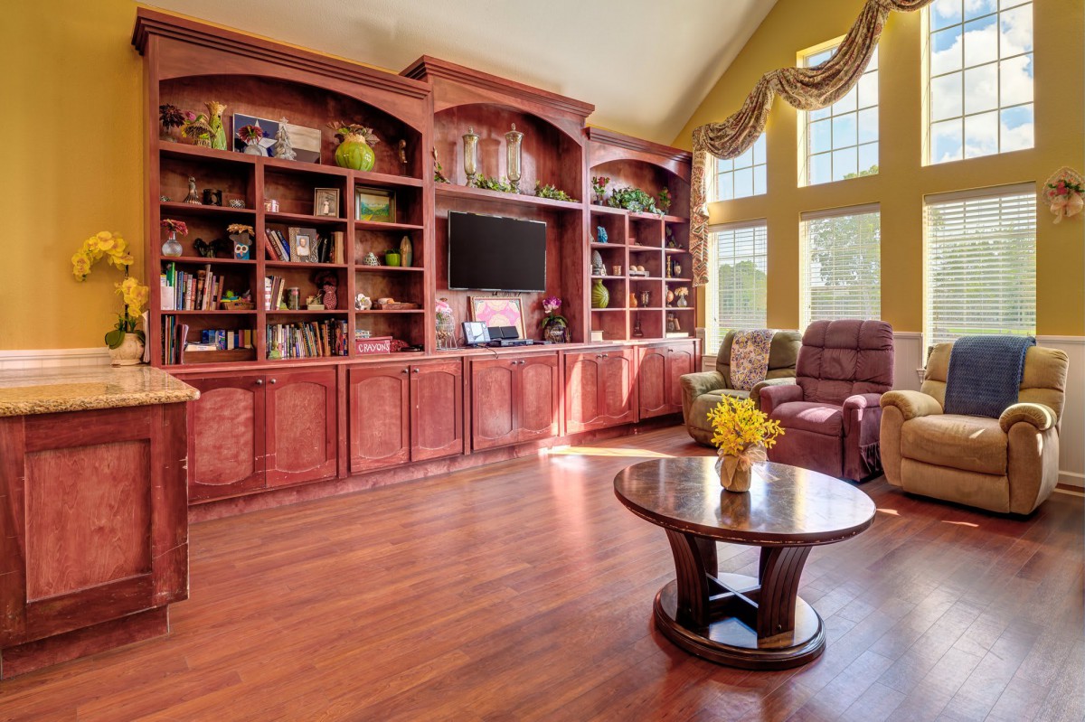 A cozy living room with built-in bookshelves, a television, and ample natural light.