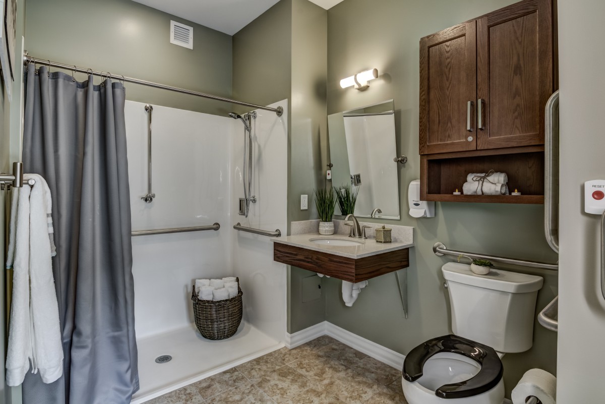 A modern, accessible bathroom with a walk-in shower and sleek fixtures.