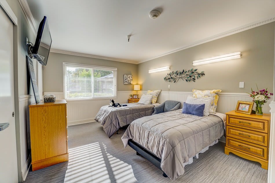 A cozy bedroom with twin beds, modern decor, and ample natural light from the window.