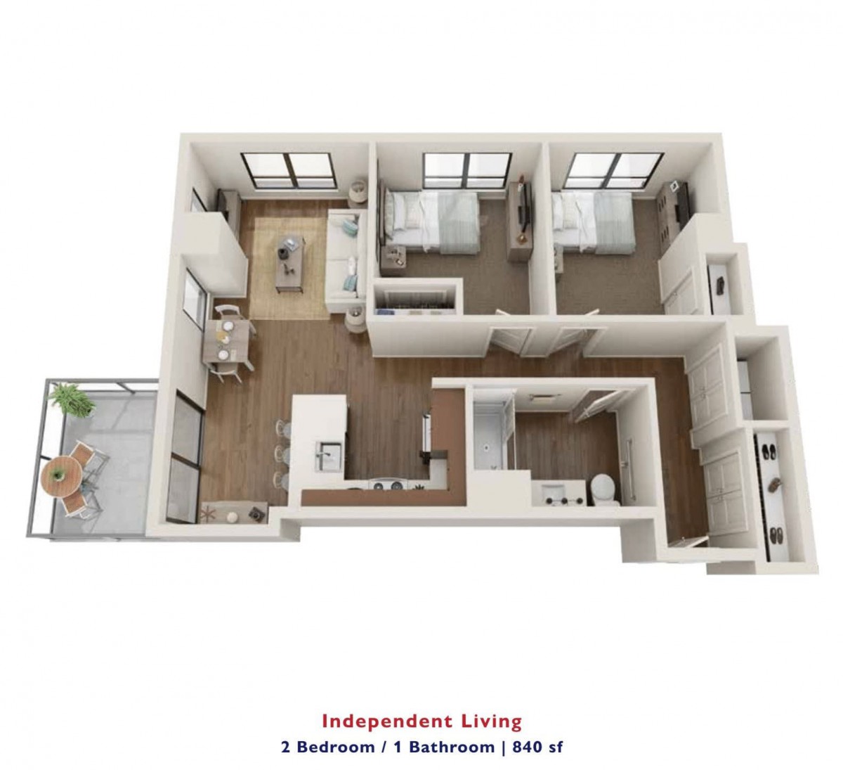 A 3D floor plan of a one-bedroom, one-bathroom apartment designed for independent living.