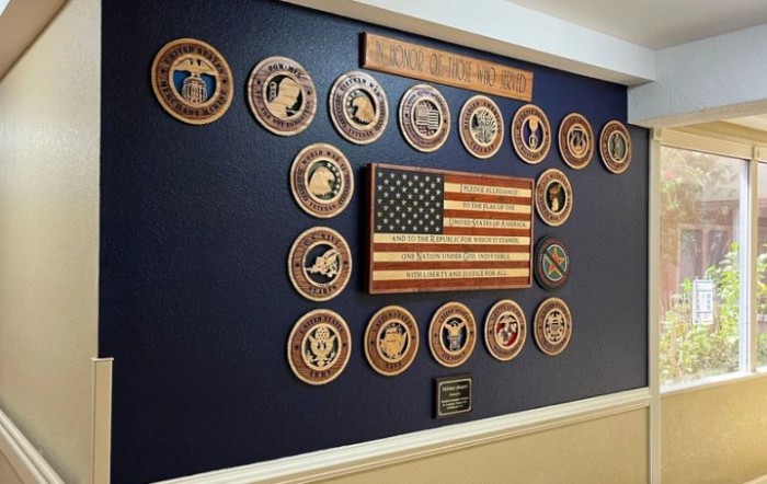 A wall display featuring various military insignias arranged around a wooden American flag.
