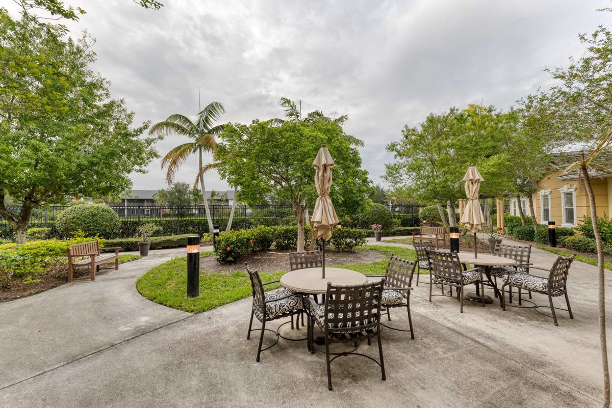 An inviting outdoor patio area with tables, chairs, and umbrellas surrounded by lush greenery.