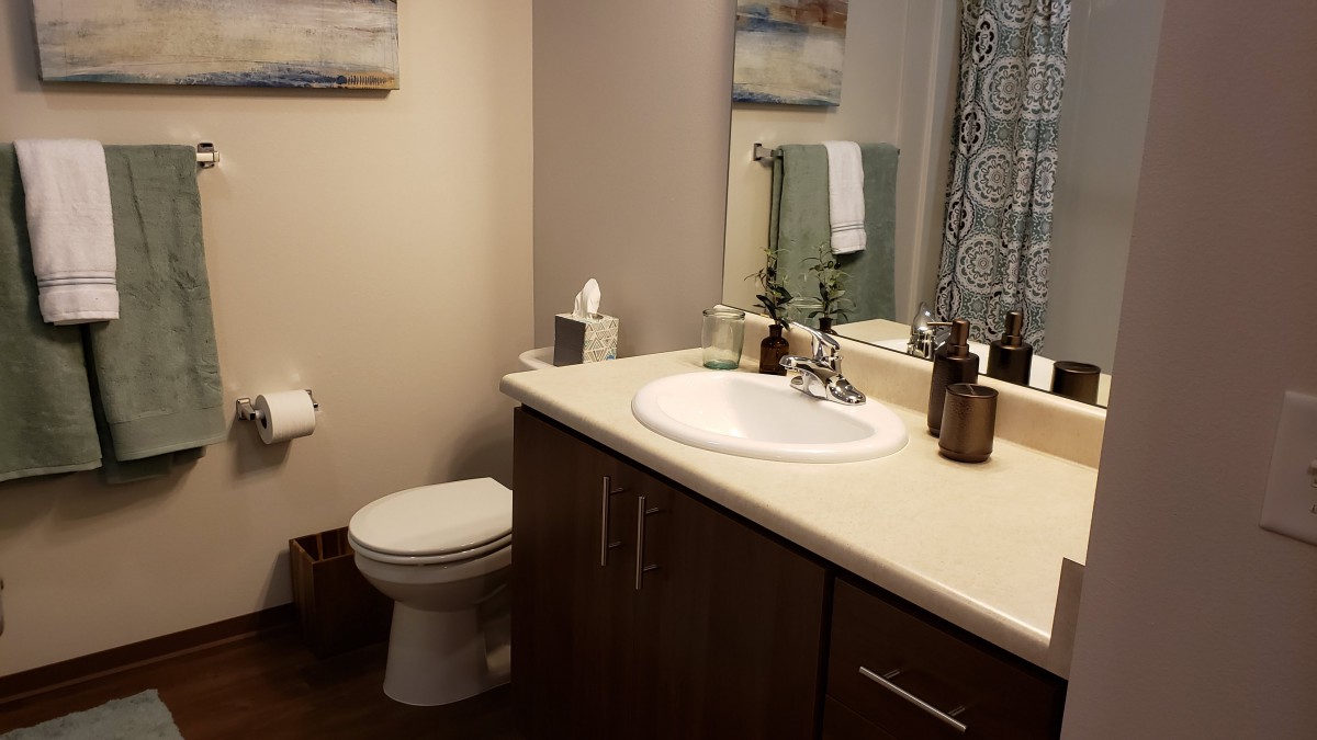 A modern bathroom with a sink, mirror, and toilet.