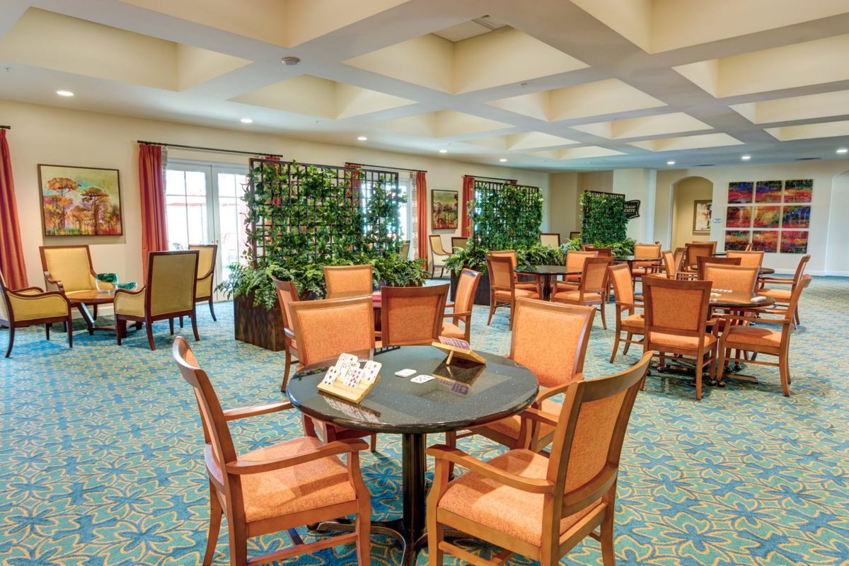 A cozy and well-decorated room with tables and chairs, featuring lush indoor plants.