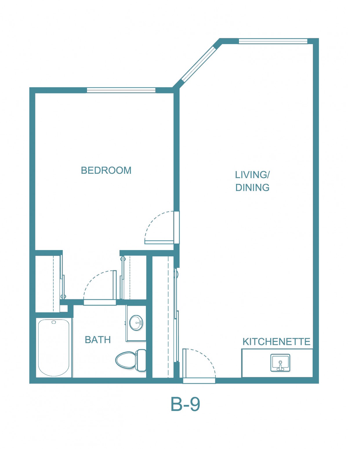 A one-bedroom apartment floor plan featuring a living area, bathroom, and kitchenette.