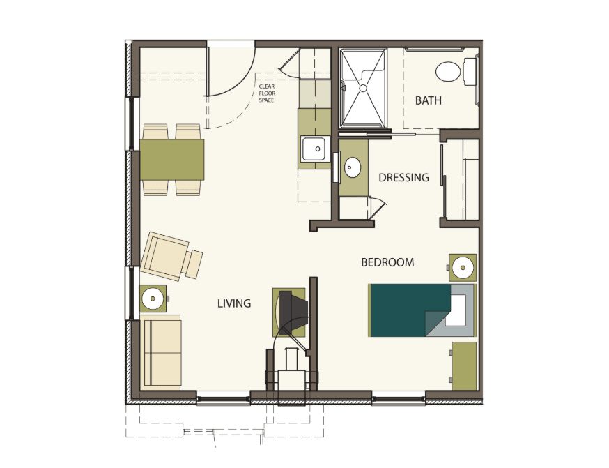 A detailed floor plan of a one-bedroom apartment with designated living, kitchen, bath, and dressing areas.