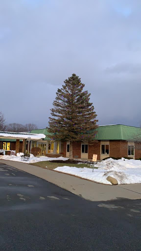 A school building surrounded by snow, with a prominent evergreen tree in the foreground.