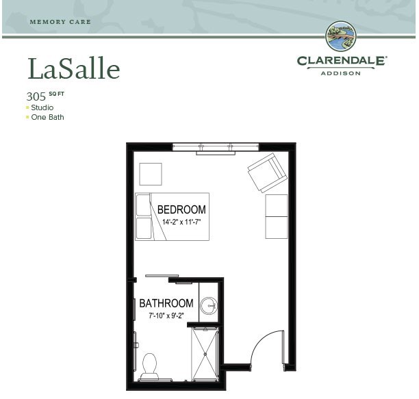 Floor plan of a LaSalle studio apartment at Clarendale.