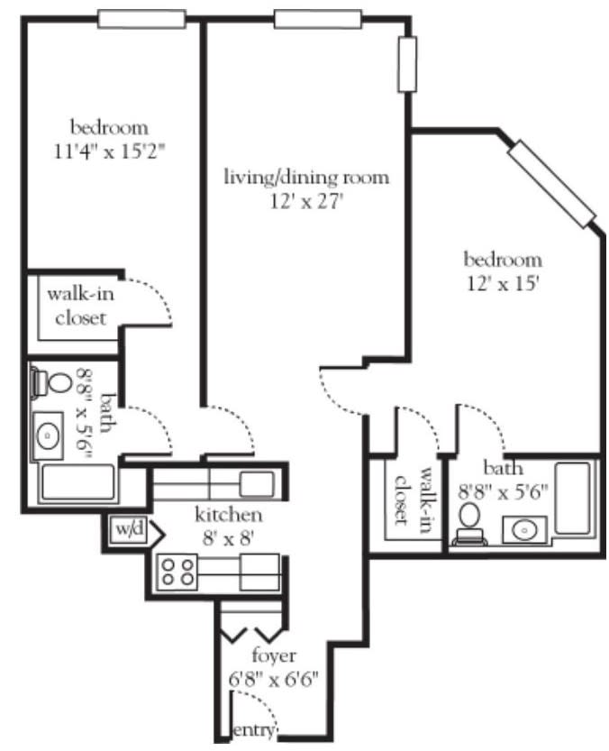 Floor plan of a two-bedroom apartment with room dimensions.