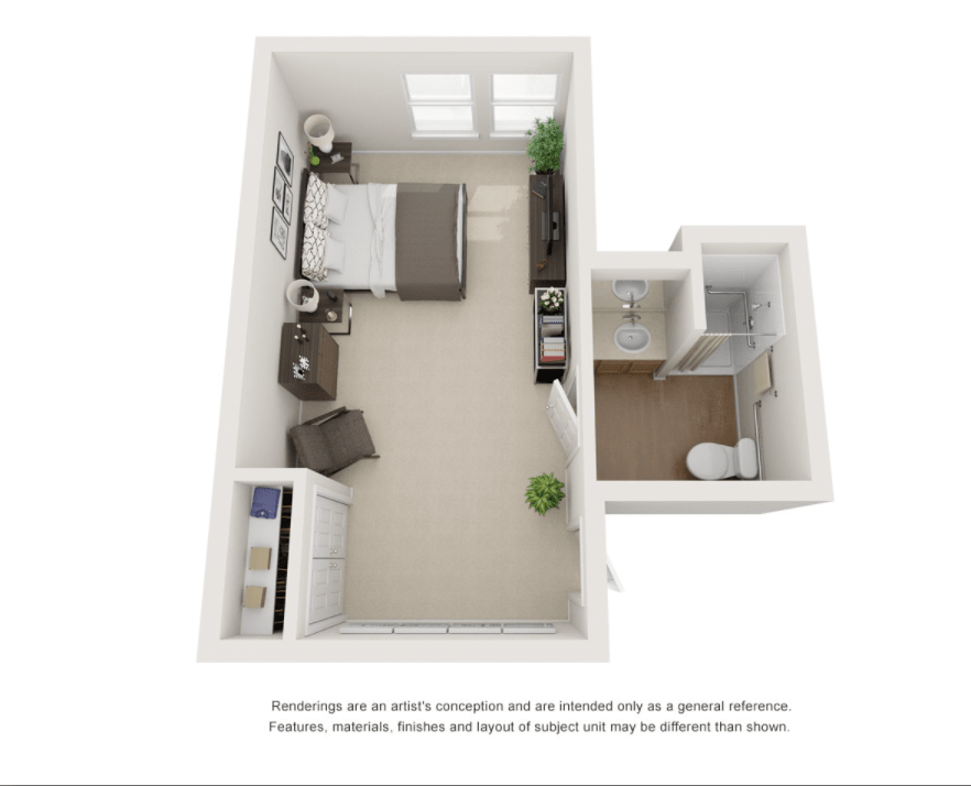3D floor plan of a compact studio apartment with a modern layout.