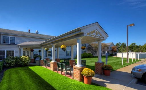 A charming outdoor patio area with bright flowers and a clear blue sky.