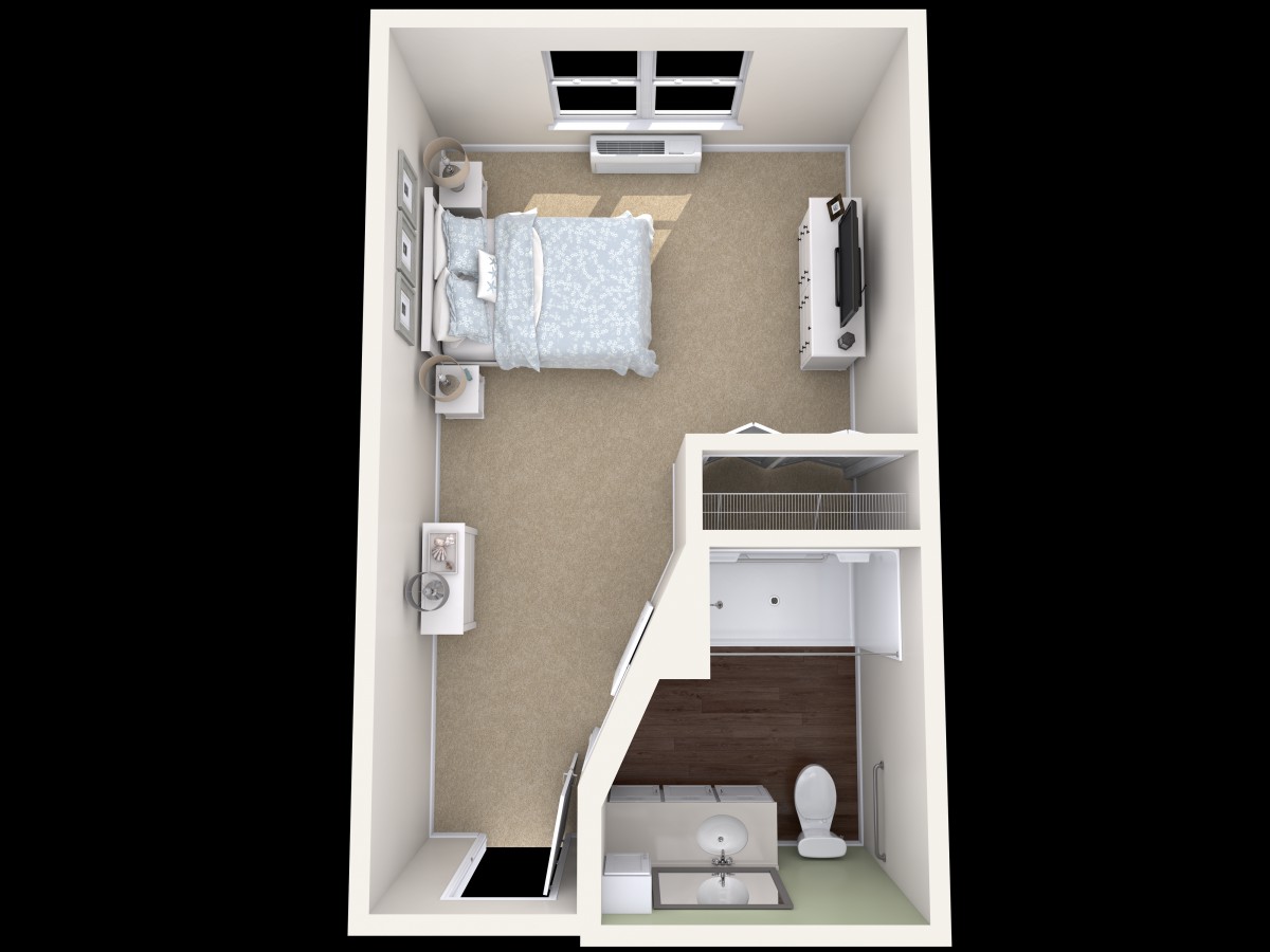 A 3D floor plan of a small apartment, featuring a bedroom, bathroom, and closet area.